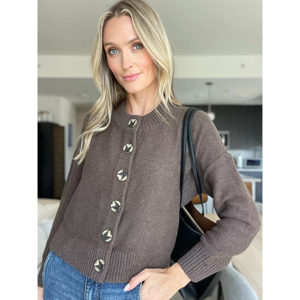 Quince 100% Organic Cotton Cropped Cardigan Heather Brown Boxy Button Front M